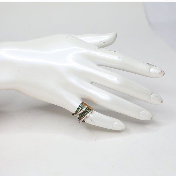 Vintage Crossover Gemstone Ring Gold Plated Sterling Silver Green Clear Stones - Picture 9 of 13